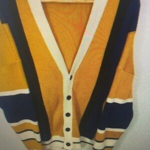 Men's Striped Cardigan Sweater - Yellow, Blue, and White